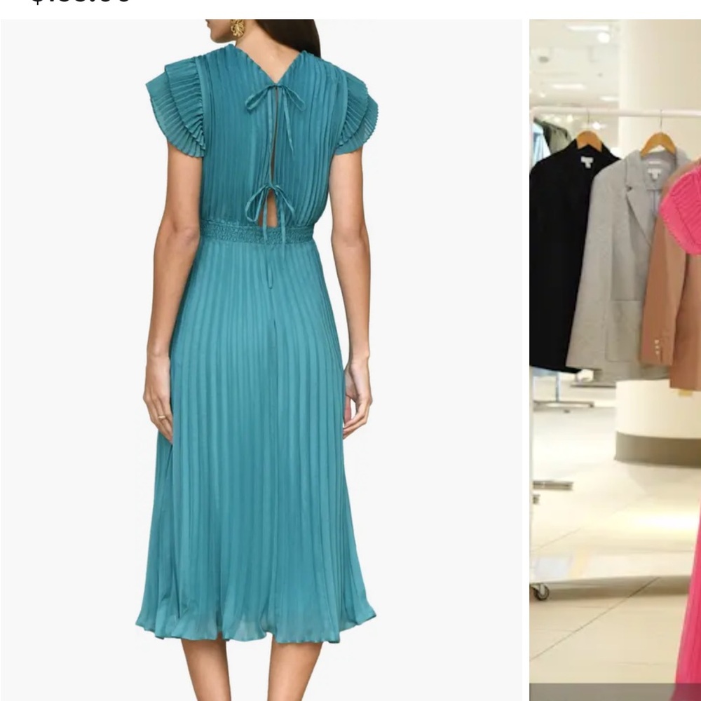 Adelyn Rae pleated dress. Beautiful color, comfy, flows well and flattering!